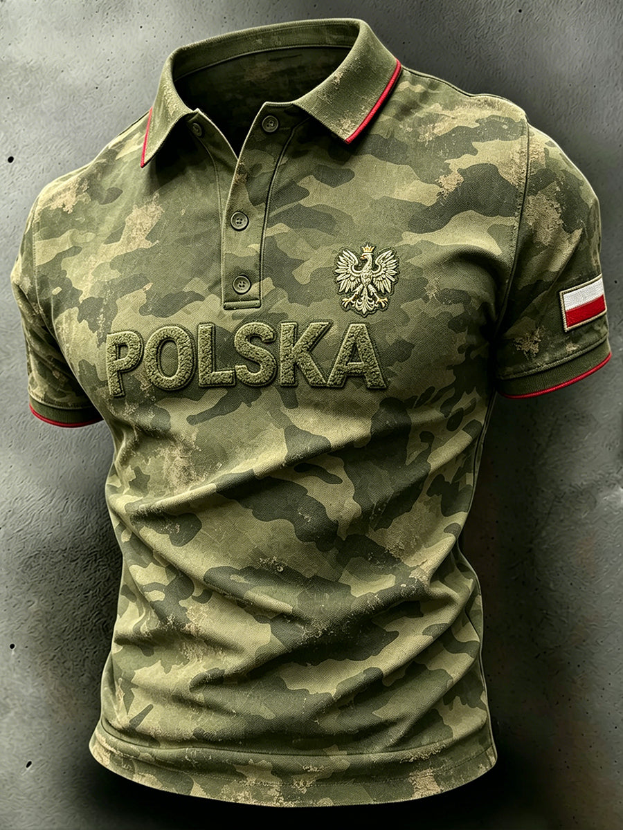 Męska koszulka polo z kamuflażowym nadrukiem w stylu distressed