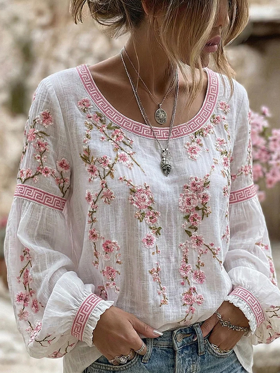 Damski styl vintage swobodny top z bawełny i lnu z haftowanym kwiatem i nadrukiem patchwork