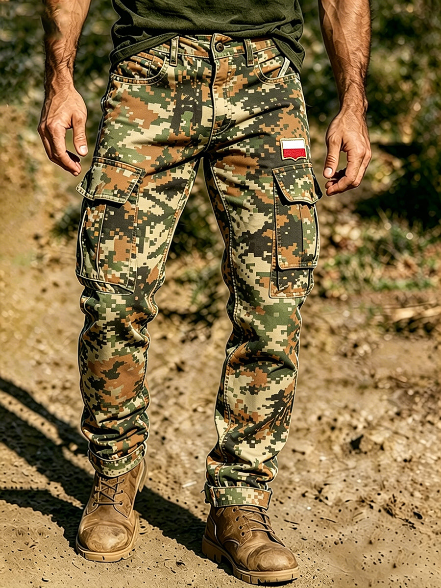 Męskie spodnie cargo outdoorowe z elementami w kamuflażowy wzór