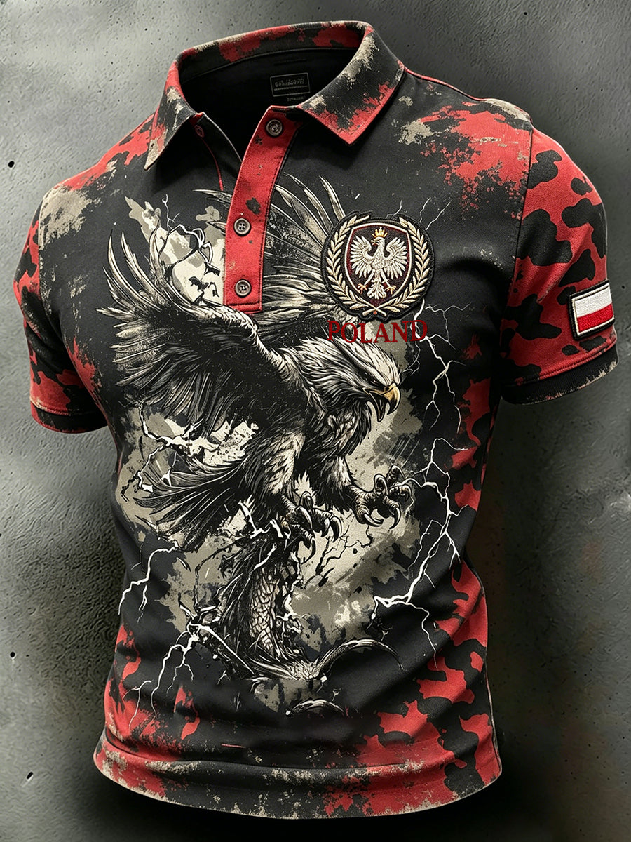 Męski polo z efektem znoszenia, z kamuflażem, haftem i nadrukiem
