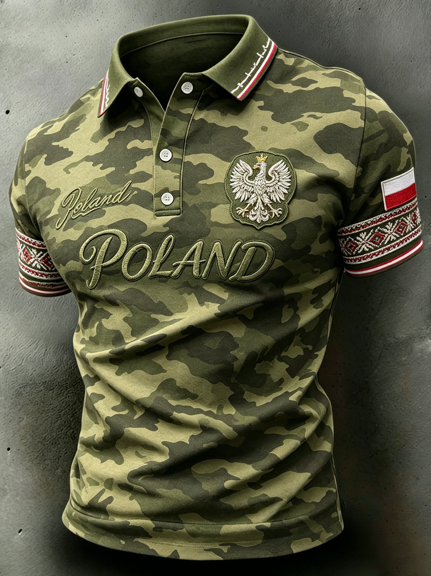 Męski casualowy polo z krótkim rękawem i wystrzępionym nadrukiem kamuflażowym