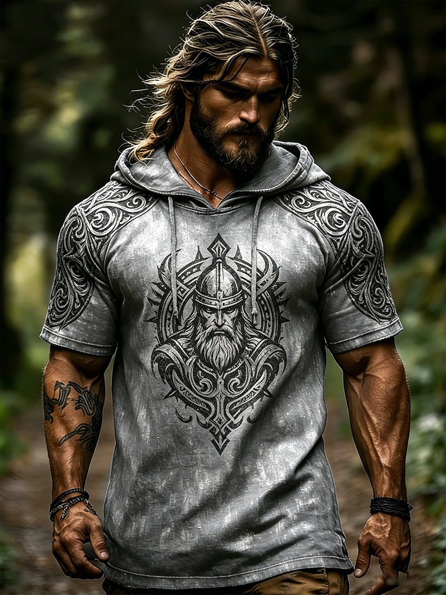 Męska bluza z kapturem z krótkim rękawem w stylu retro z motywem Viking