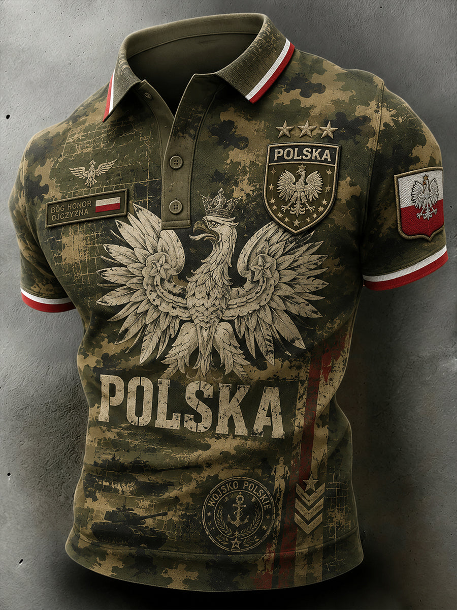 Męski retro koszulka polo z krótkim rękawem i wzorem moro