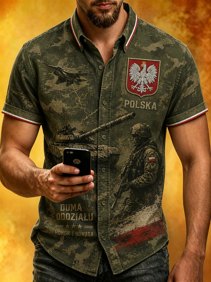 Męska koszula z krótkim rękawem w stylu militarnym, z efektem znoszenia i wzorem moro