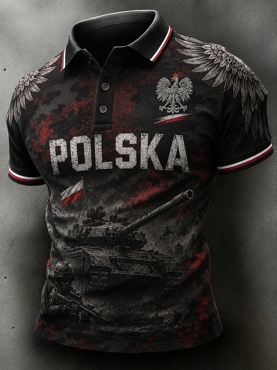 Męski koszulowy polo z nadrukiem w militarnym stylu typu „distressed” w kolorze moro
