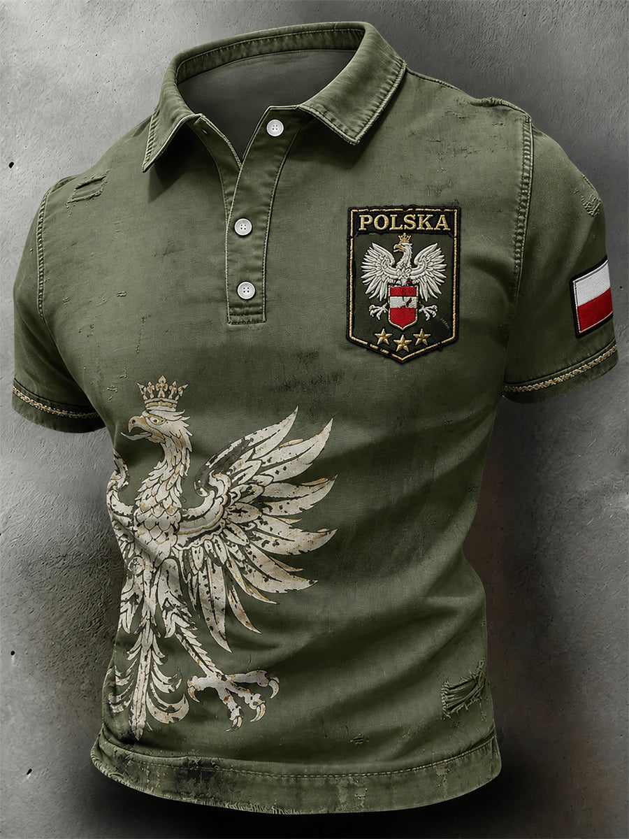 Męska koszulka polo z kamuflażem w stylu vintage z polskim nadrukiem artystycznym