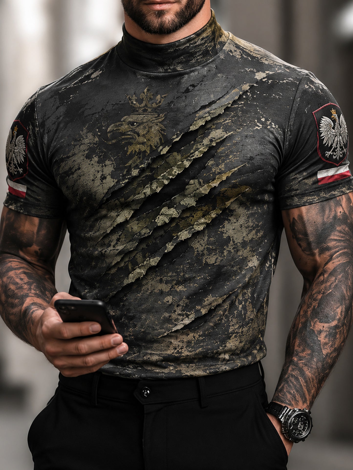 Męski t-shirt z polskim kamuflażem w wojskowym stylu i nadrukiem artystycznym