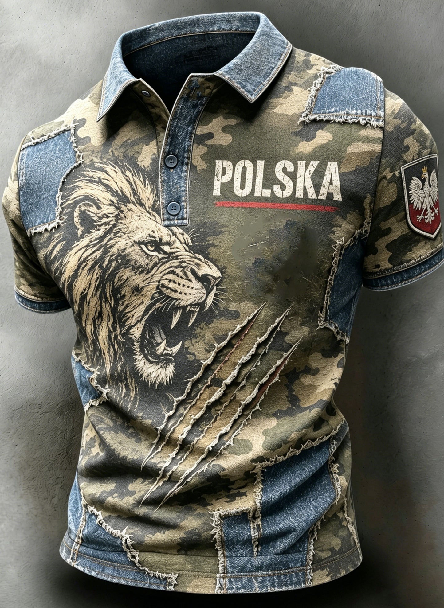 Męski koszulowy polo z polskim kamuflażem w militarnym stylu i nadrukiem artystycznym