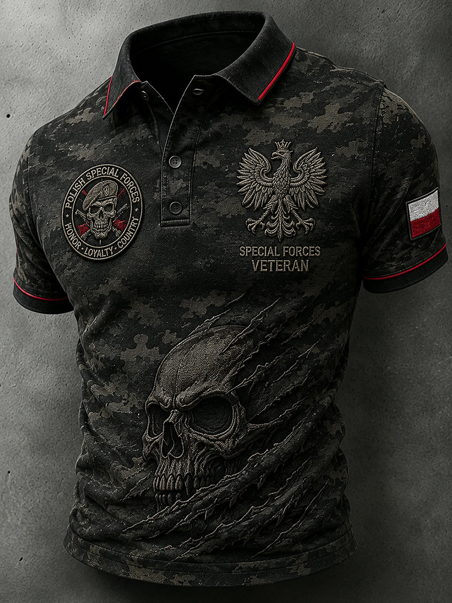 Męski, w stylu vintage, z efektem przetarcia polowy koszulka polo z moro z polskim nadrukiem artystycznym