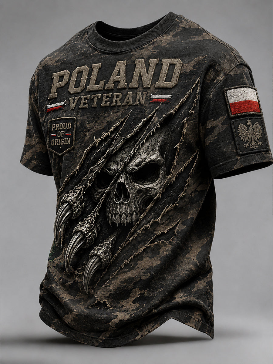 Męski koszulka w stylu casual z polskim nadrukiem artystycznym, w kolorze moro, w stylu retro z efektem przetarcia