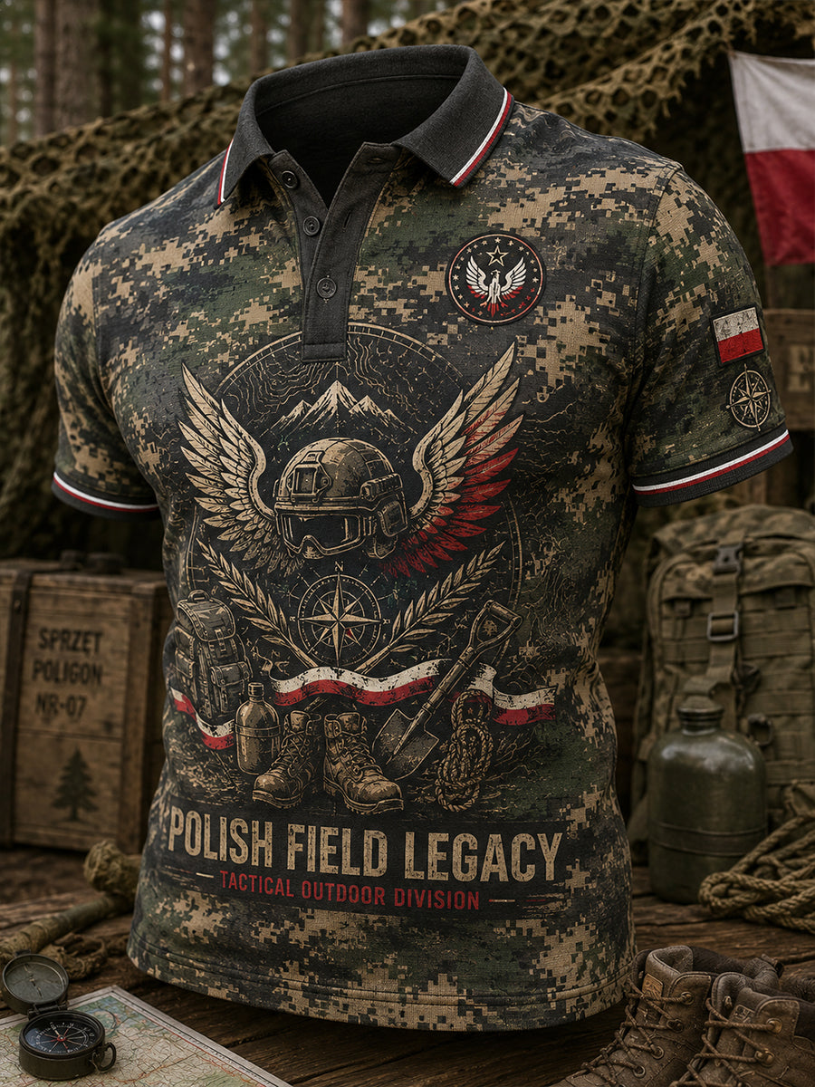 Męska koszulka polo z krótkim rękawem w stylu retro wojskowym z nadrukiem