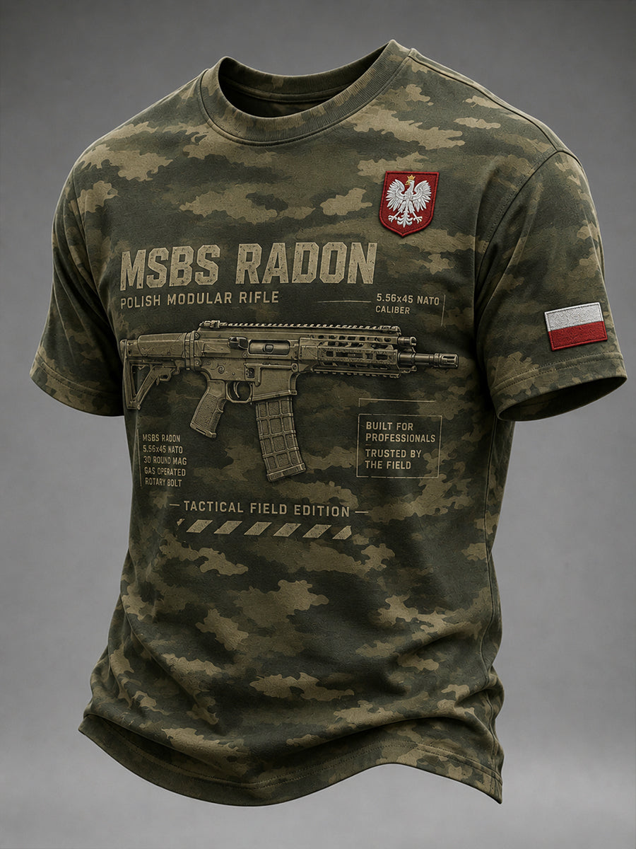 Męski T-shirt z krótkim rękawem i kamuflażowym nadrukiem z pistoletami