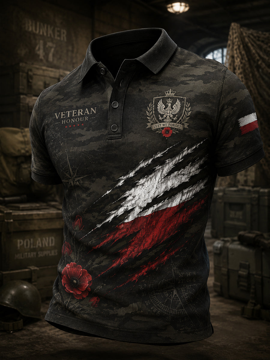 Męska koszulka polo w stylu vintage z krótkim rękawem i wzorem moro