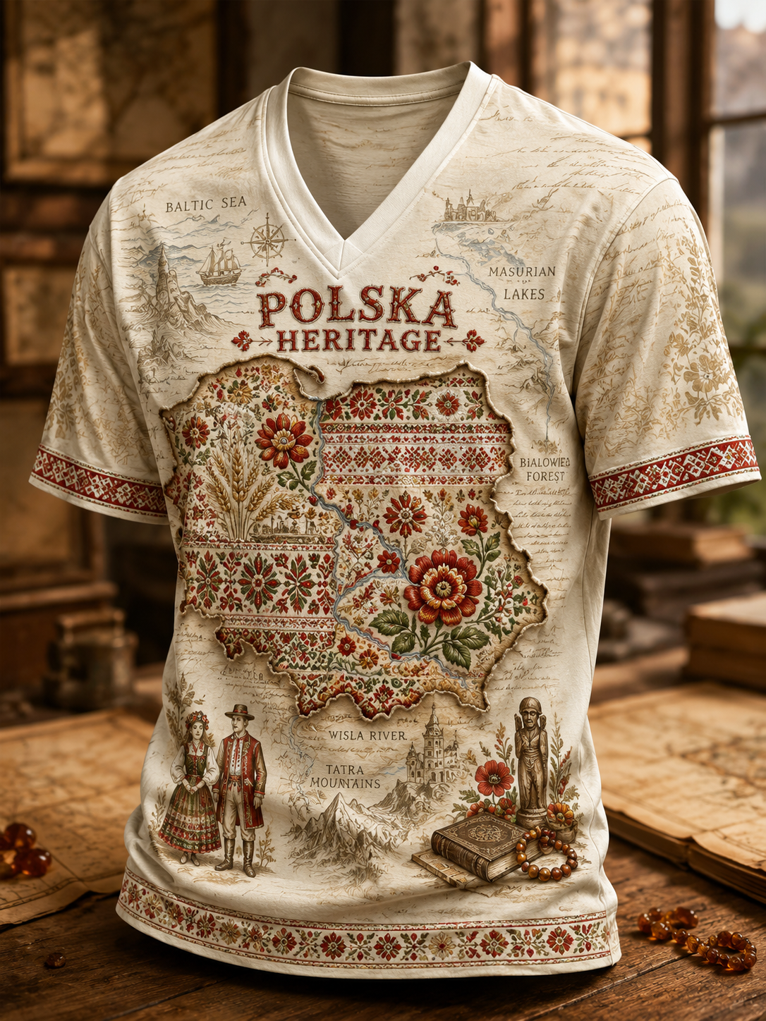 Męski t-shirt z dekoltem w kształcie litery V z mapą Polski