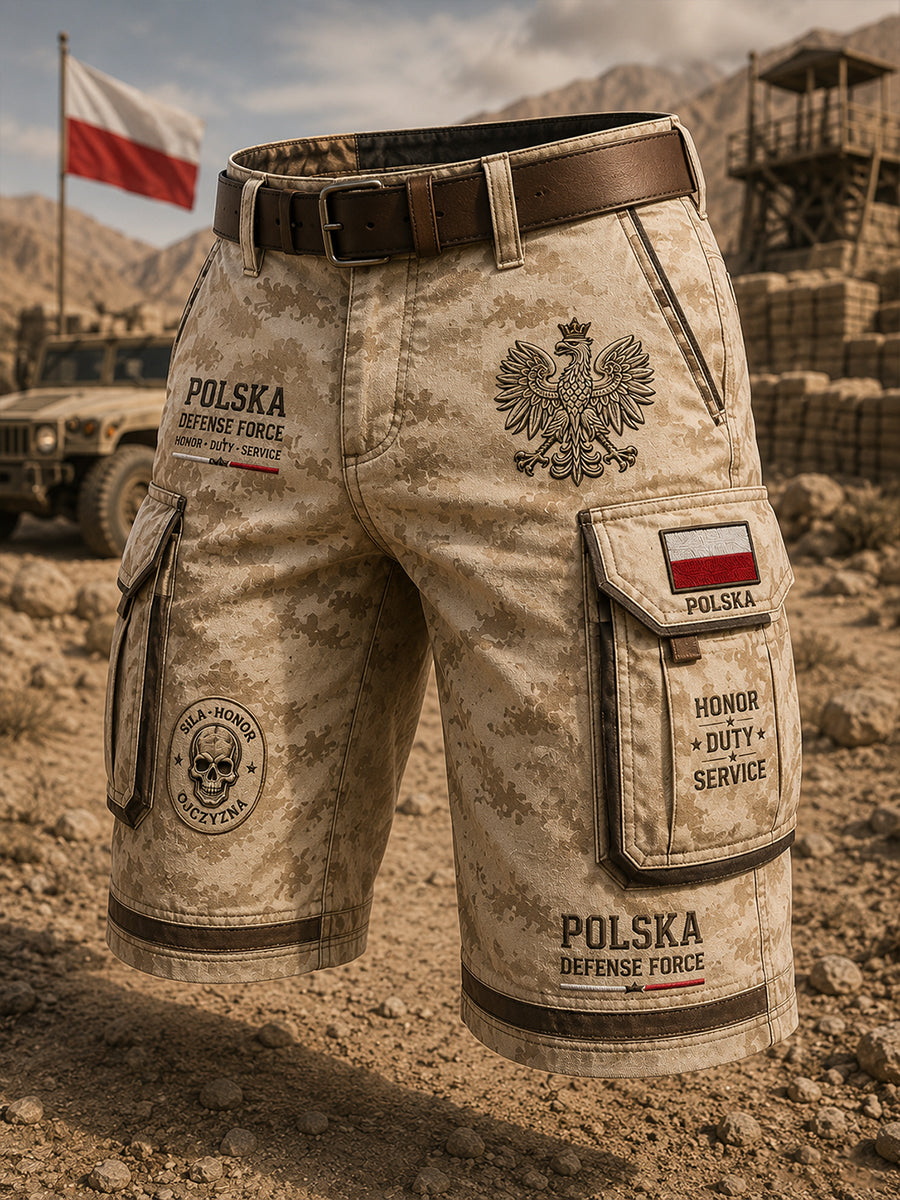 Męskie krótkie spodnie cargo z wiktoriańskim, wojskowym wzorem