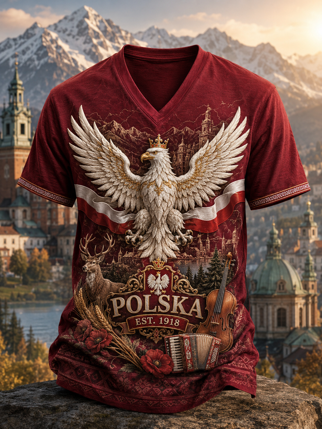 Męski t-shirt z V-kształtnym dekoltem w kolorze polskiej flagi
