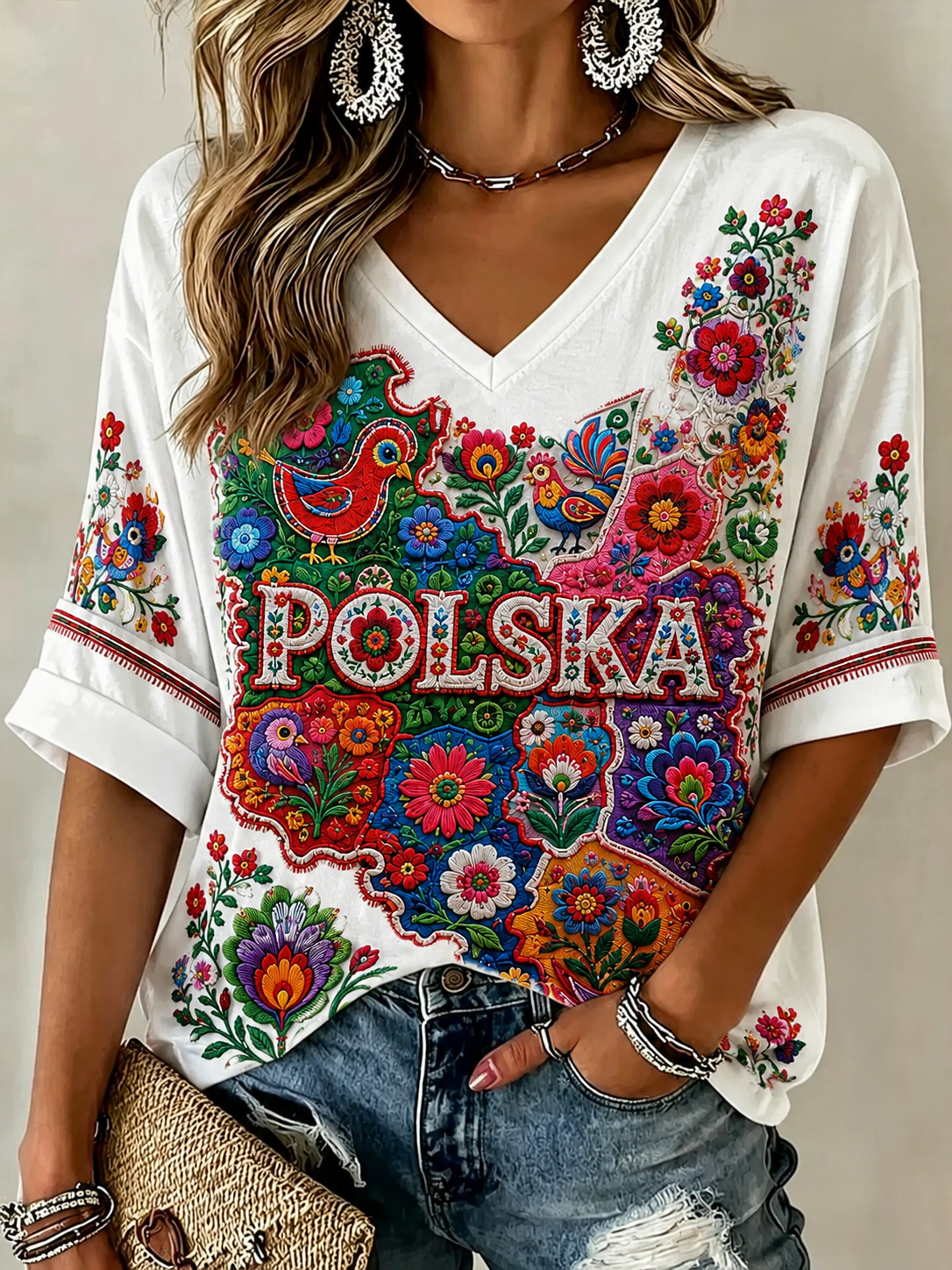 Damski polski koszulka lniana z krótkim rękawem