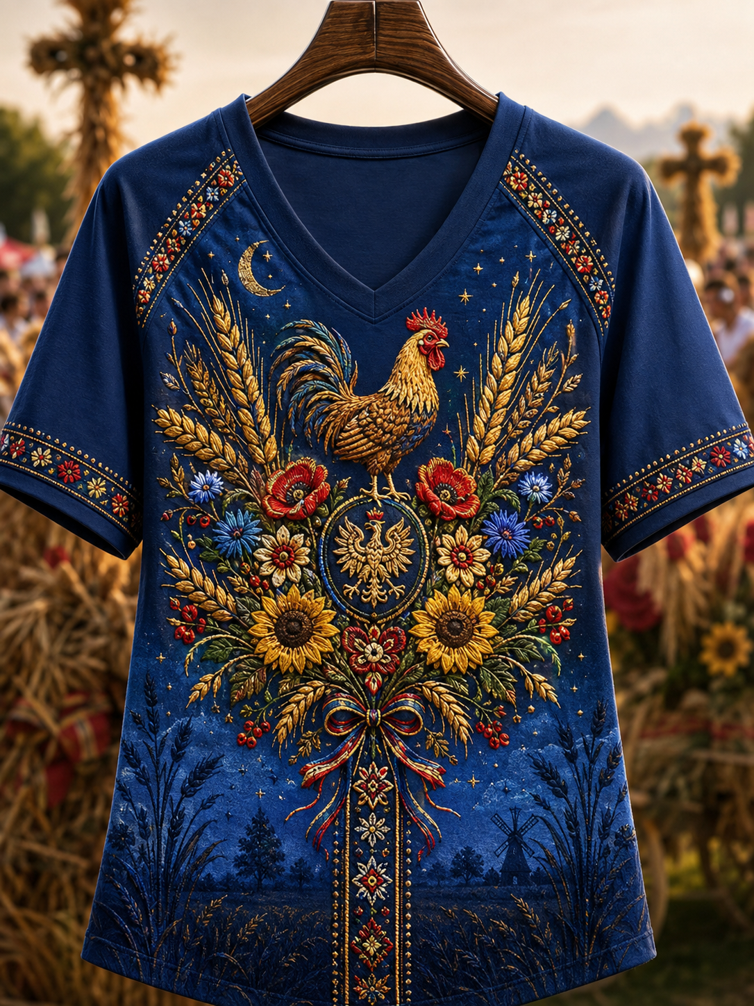 Damski t-shirt z dekoltem w kształcie litery V i odkrytymi ramionami, z krótkim rękawem, inspirowany polską Świętem Urodzajów