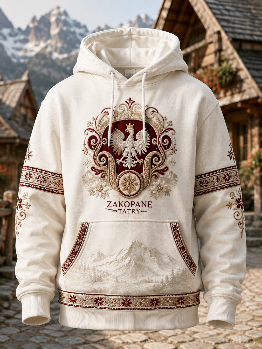 Męski bluza z kapturem o oversized kroju i opadającymi ramionami, z kieszeniami, z motywem gór Zakopanego w Polsce
