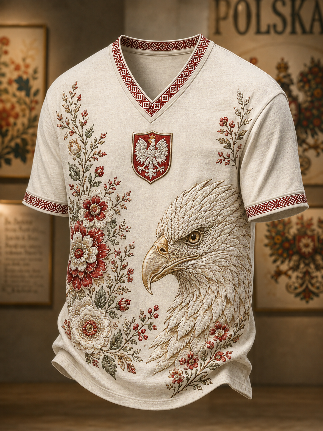 Męski t-shirt z V-kształtnym dekoltem w kolorze polskiej flagi