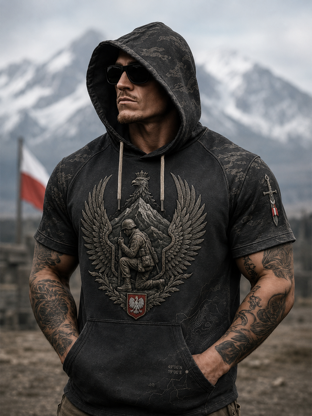 Męska polscy wojskowi casualowa bluza z kapturem z krótkim rękawem