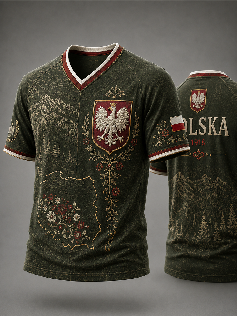Męski t-shirt z V-kształtnym dekoltem w kolorze polskiej flagi