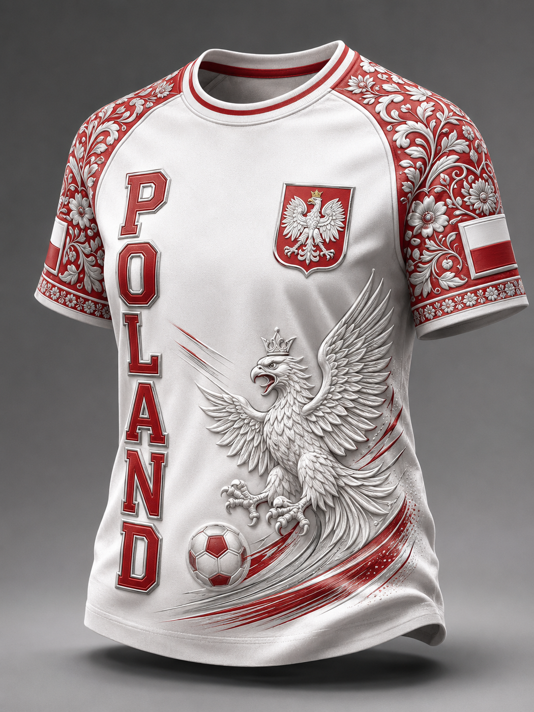 Damski t-shirt z okrągłym dekoltem i krótkim rękawem z motywem piłki nożnej w kolorze polskiej flagi