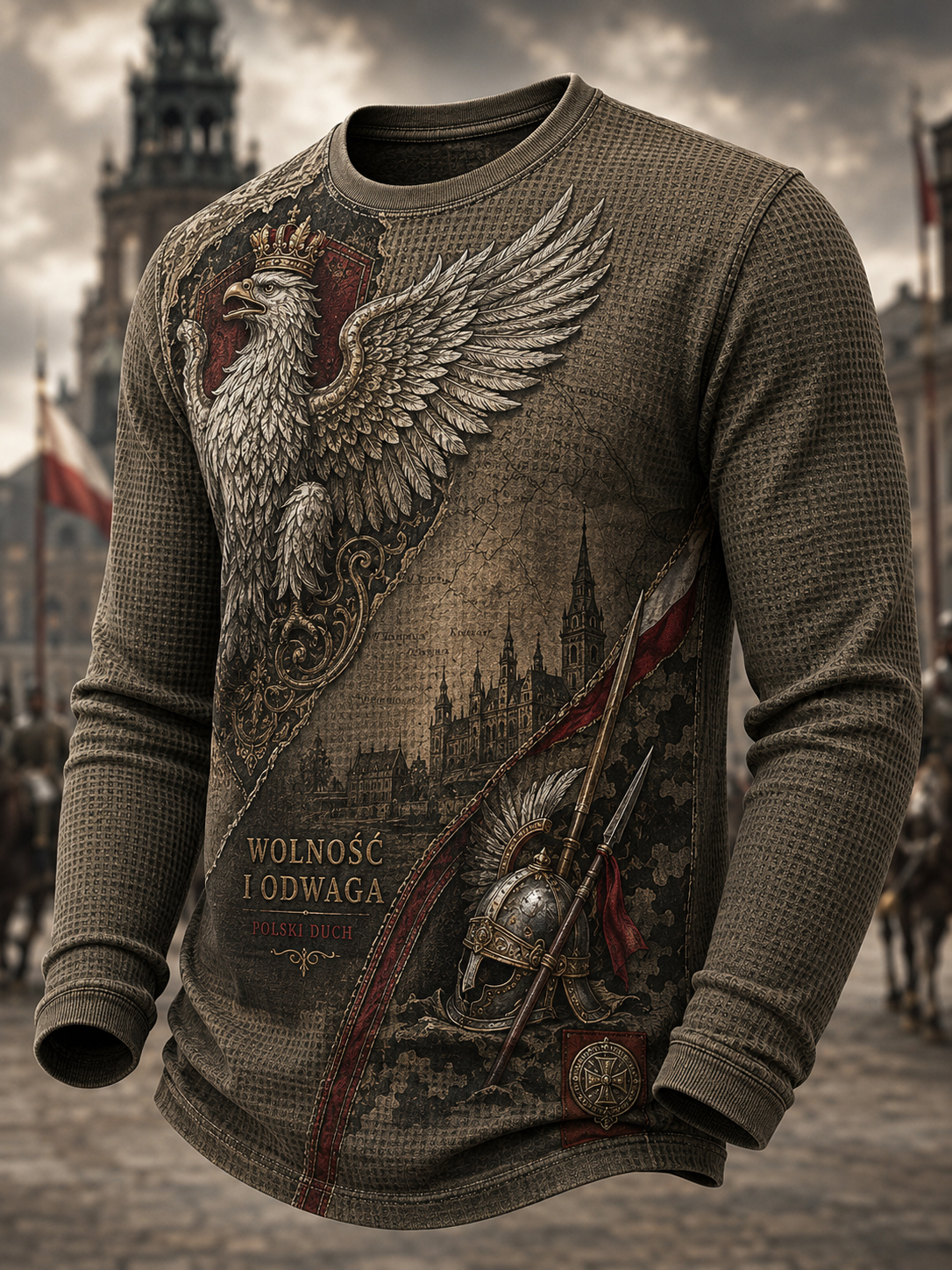 Męski t-shirt z dzianiny gofrowanej z długim rękawem wojska polskiego
