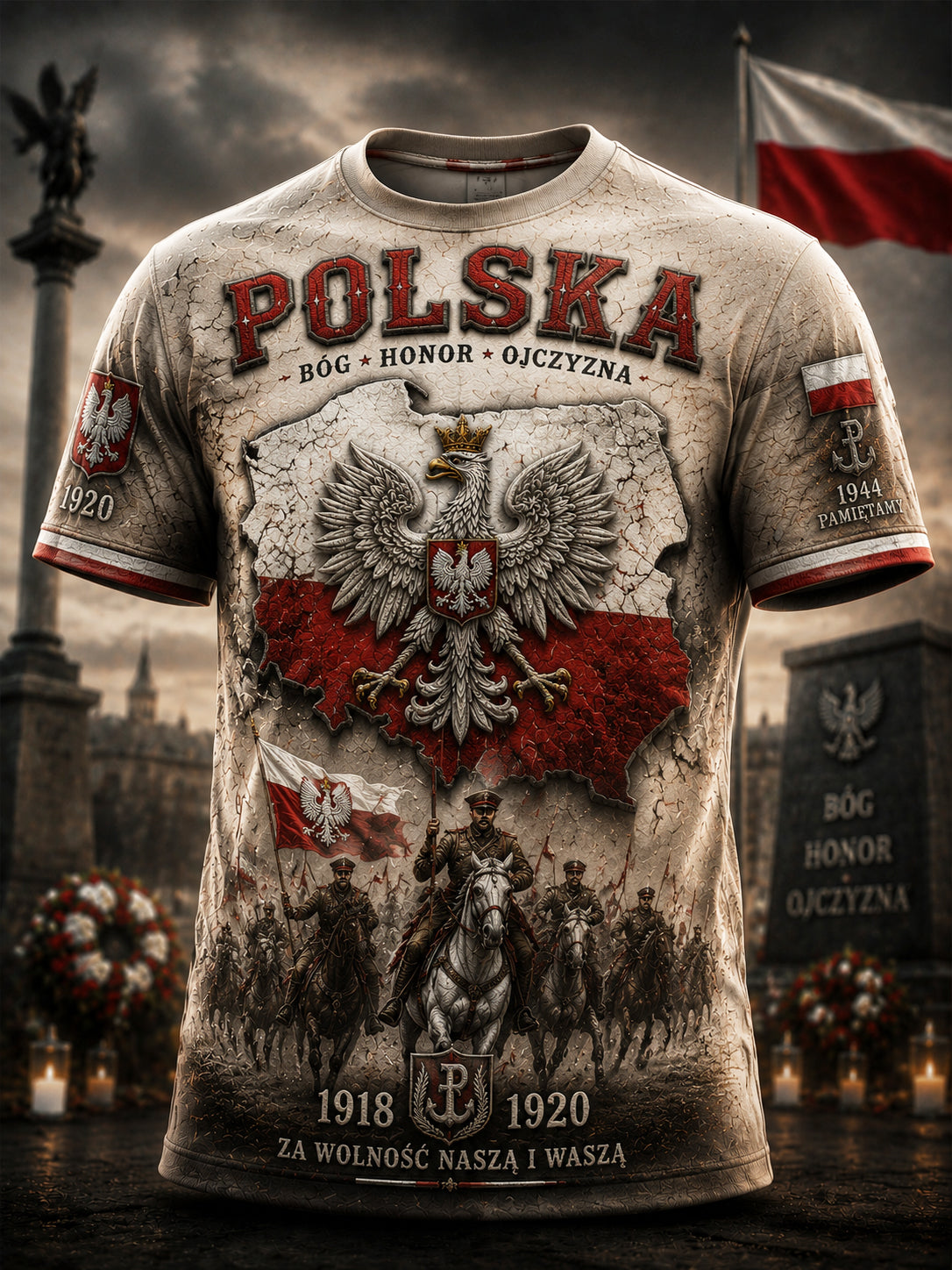 Vintage Polski Orzeł Mapa Patriotyczny Pamiątkowy T-Shirt