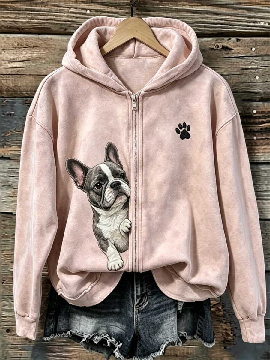 Bluza z kapturem z pełnym zamkiem błyskawicznym dla kobiet z francuskim buldogiem i łapką