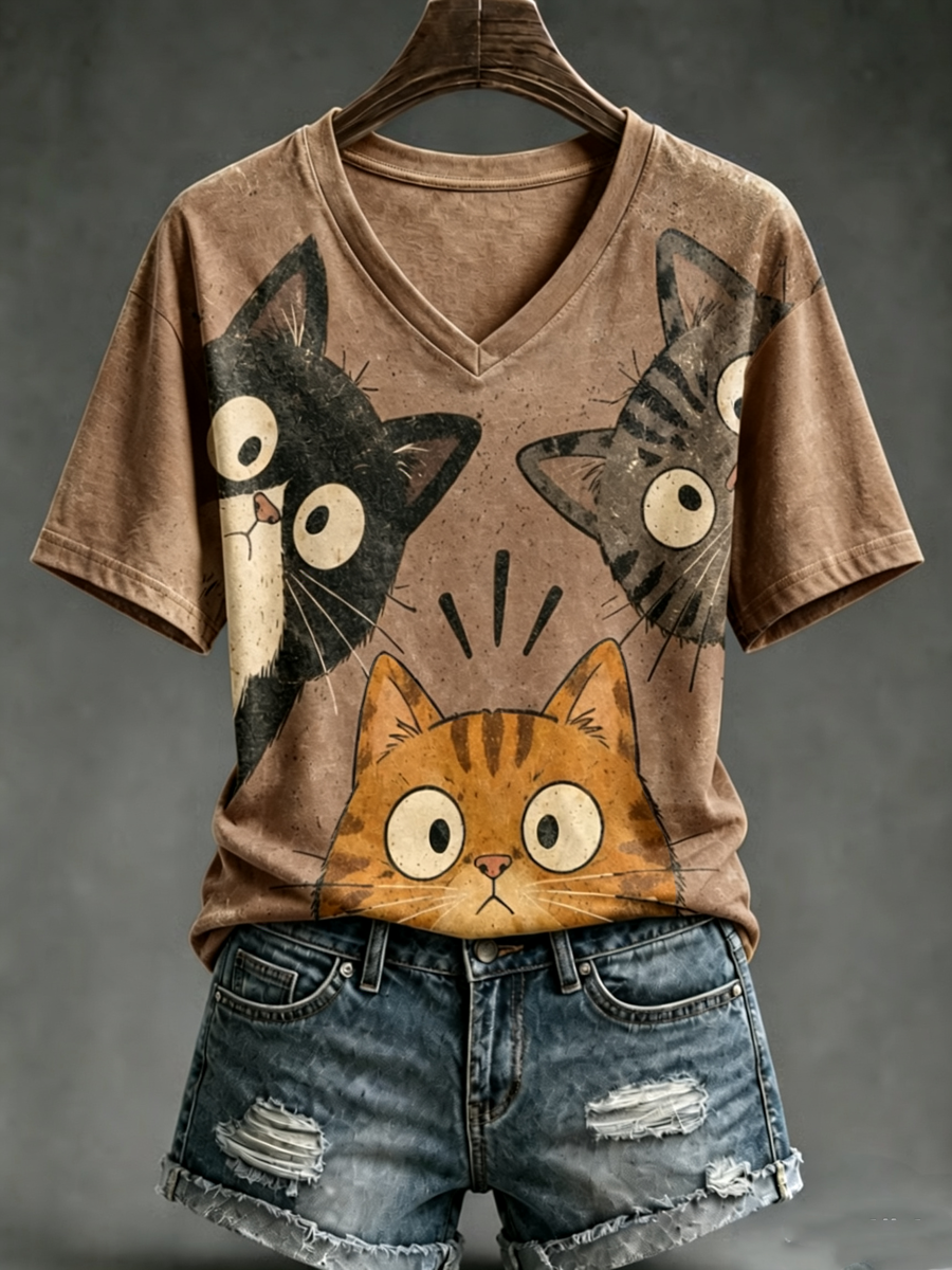Damska koszulka z krótkim rękawem Cute cat print