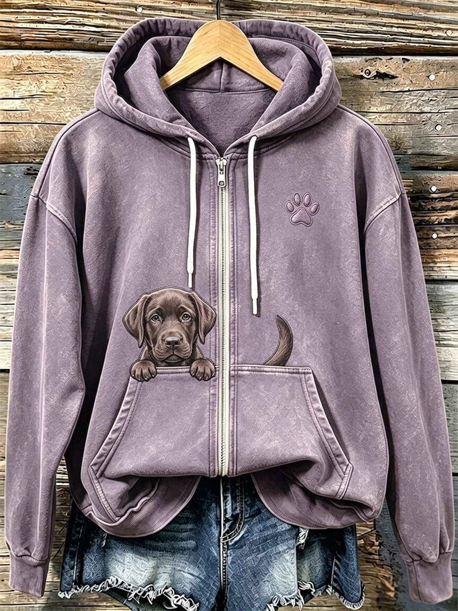 Damska czekoladowa labrador i paw w print Przytulna bluza z kapturem