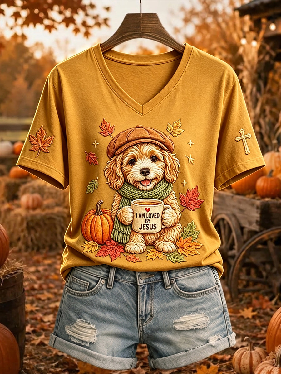 Damska koszulka z krótkim rękawem Jesus Loves Dog Fall Leaves Print