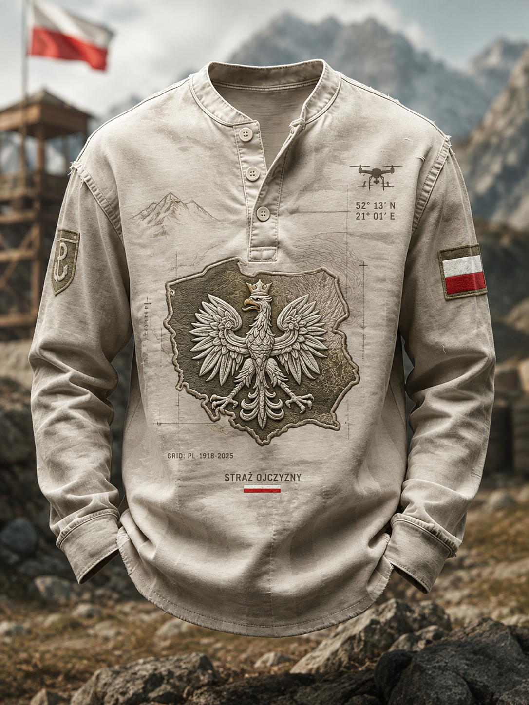Męski koszulka z guzikami w stylu casual wojskowym polskim