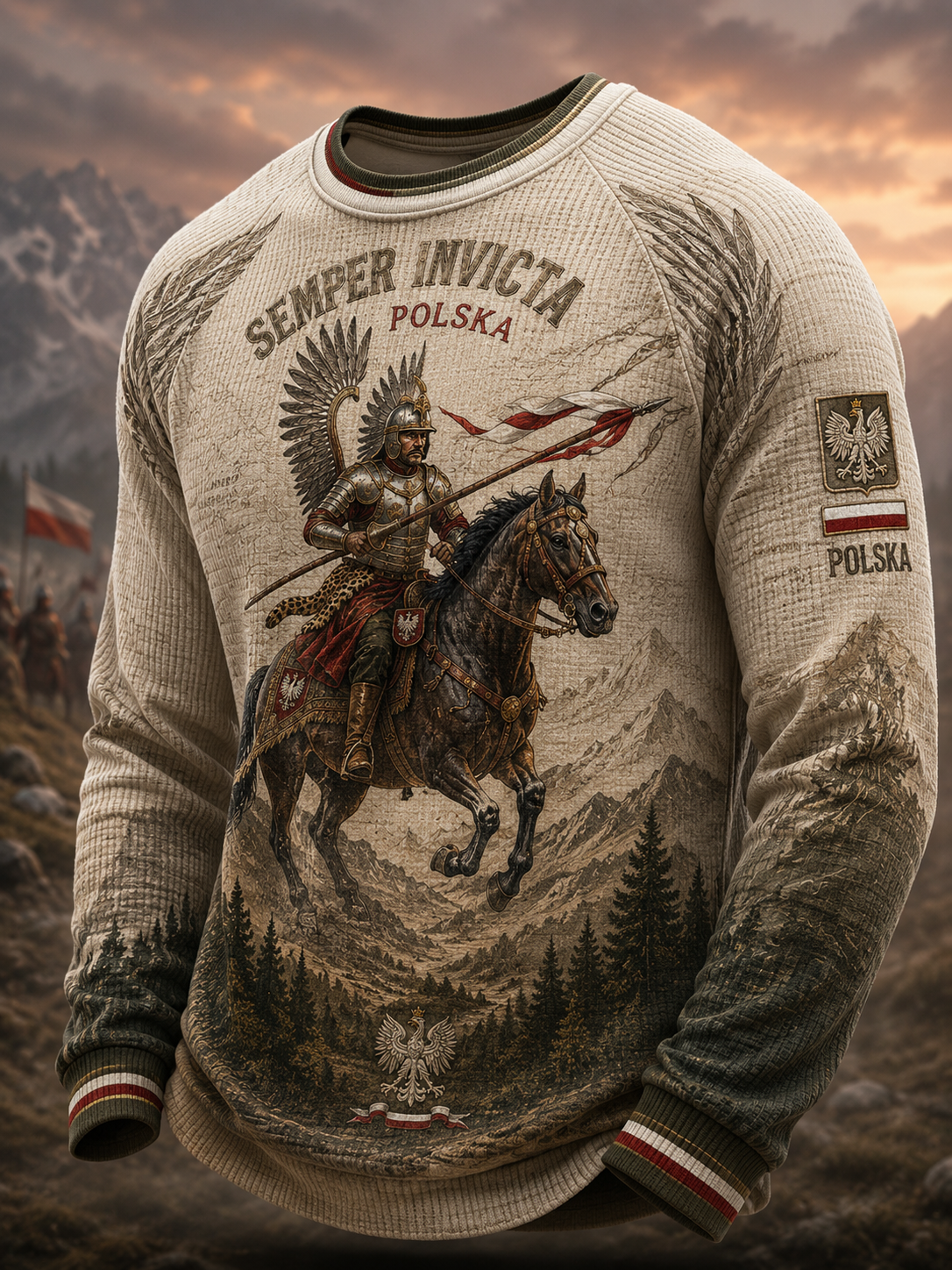 Męski t-shirt z dzianiny gofrowej z długim rękawem wojska polskiego