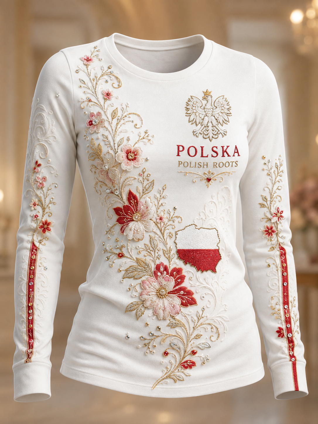 Damski t-shirt z Polską, z okrągłym dekoltem i długim rękawem