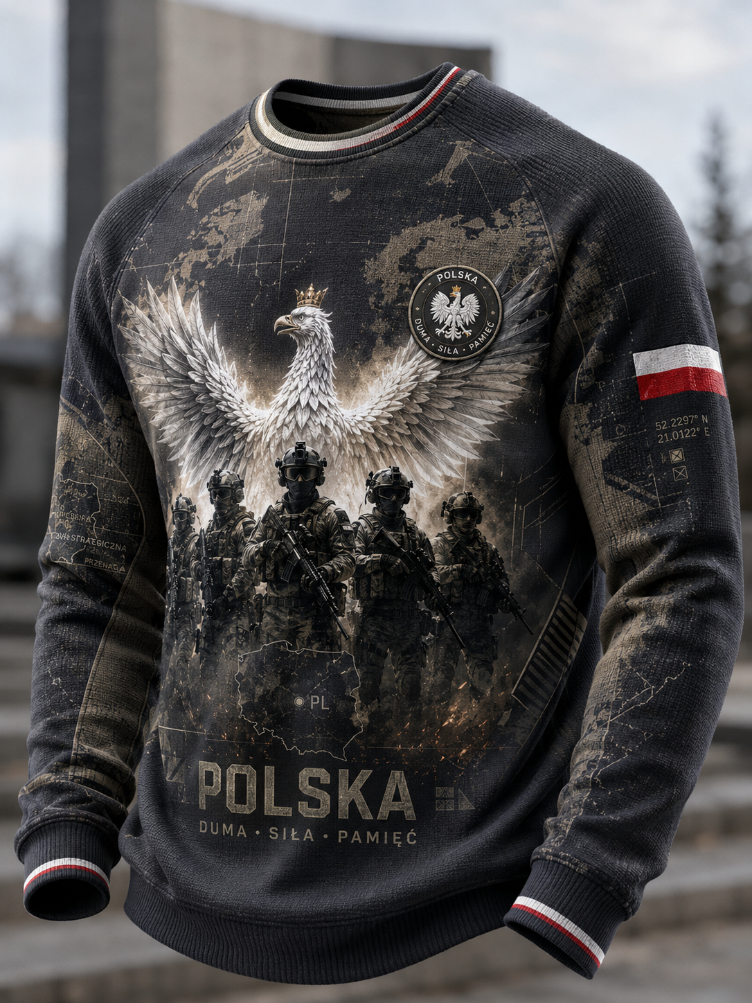 Męski t-shirt z dzianiny gofrowej z długim rękawem wojska polskiego
