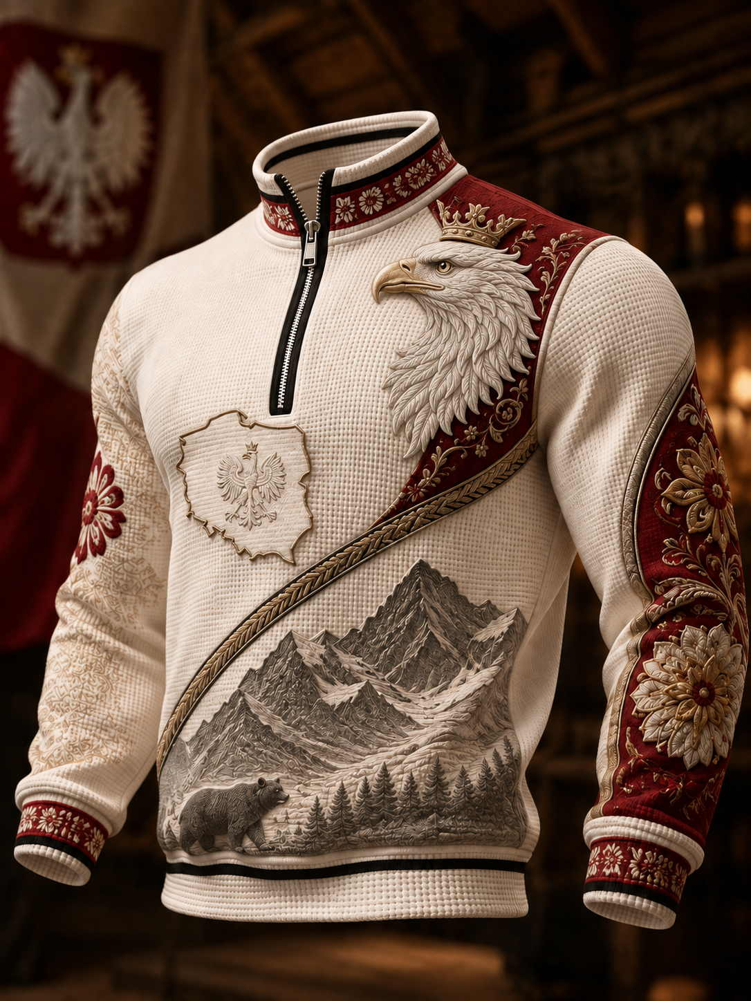 Męski t-shirt z polską sztuką, w wafelki, z długim rękawem