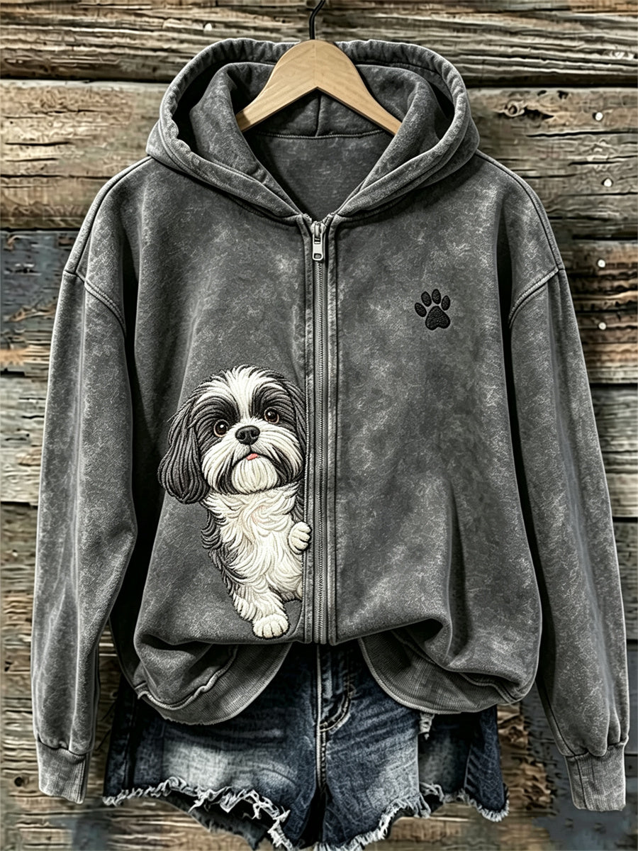 Damski wygodny bluzy z kapturem na pełnym zamku z nadrukiem psa shih-tzu i odcisków łapek
