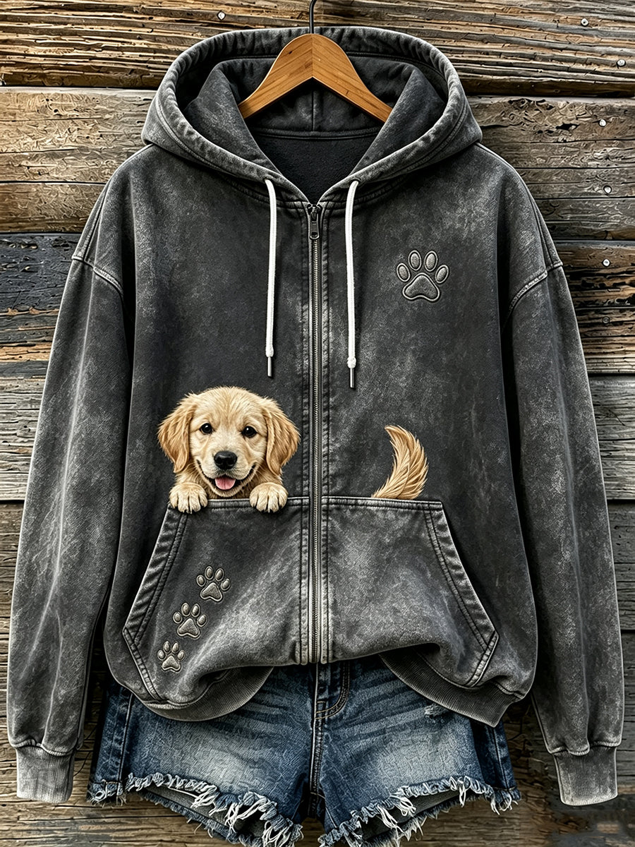 Uroczy damski bluza z kapturem na zamek z wygodnym nadrukiem wychylającego się golden retrievera i łapek