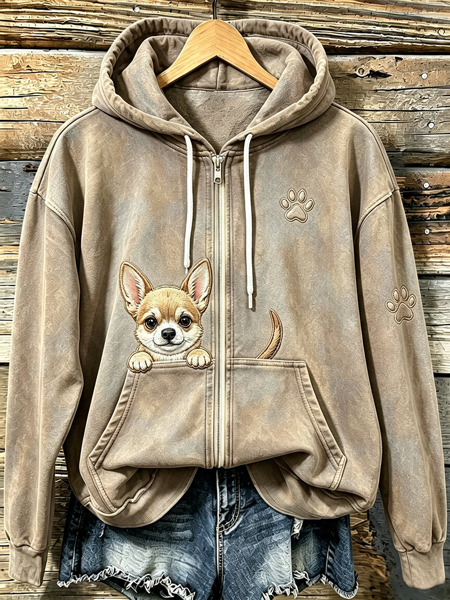 Słodka damska Chihuahua z paw print Zip-Up Przytulna bluza z kapturem