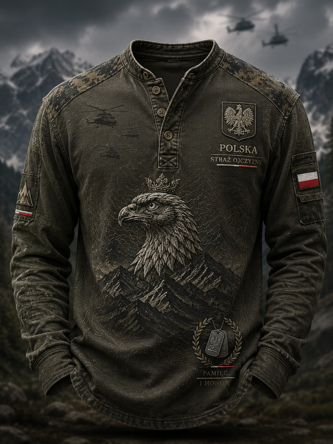 Męska koszulka z guzikami w stylu polskiej kultury wojskowej, na co dzień