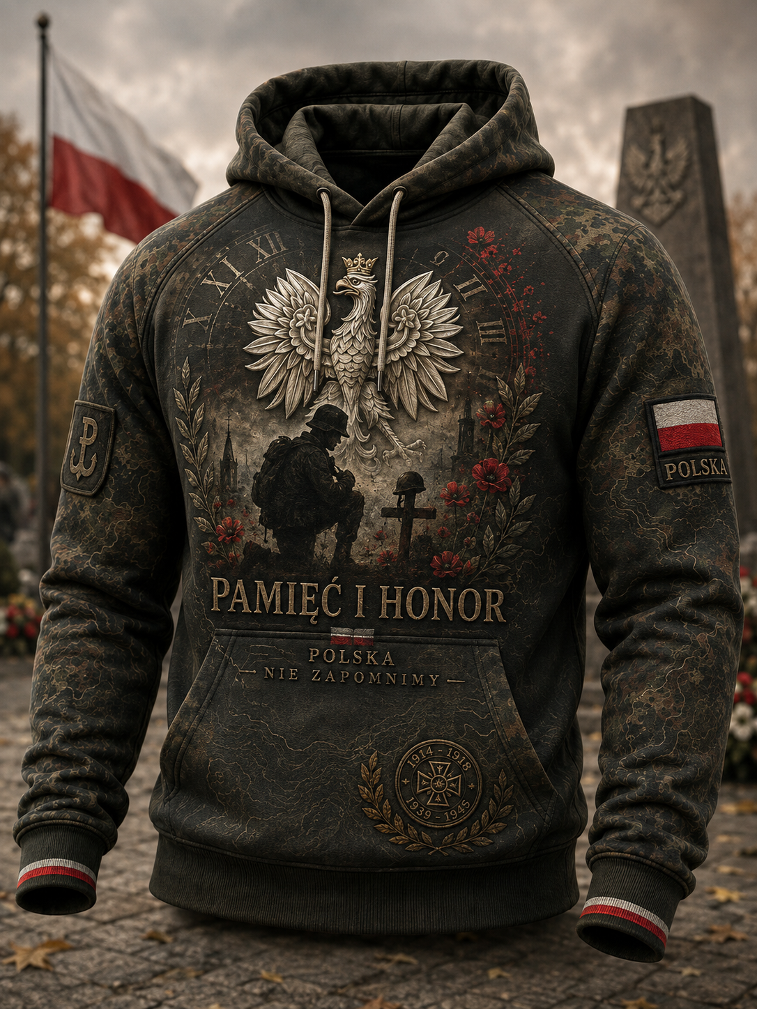 Męski polski wojskowy sweter z kapturem o oversized kroju i opadającymi ramionami, z kieszeniami