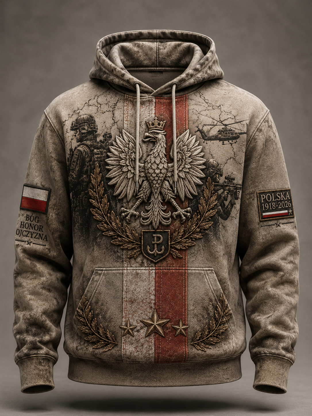 Męski polski wojskowy sweter z kapturem o oversized kroju i opadającymi ramionami, z kieszeniami