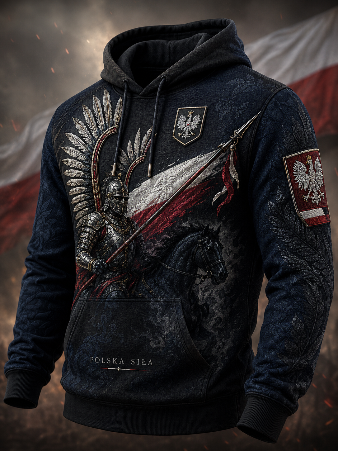 Męski polski wojskowy sweter z kapturem o oversized kroju i opadającymi ramionami, z kieszeniami