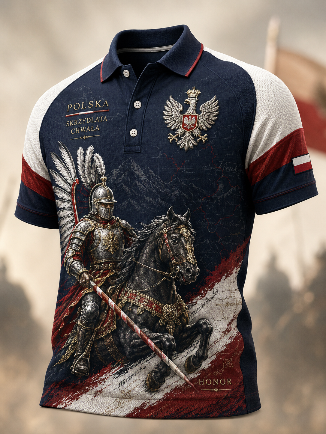 Męska koszulka polo z nadrukiem artystycznym Polska kultura wojskowa
