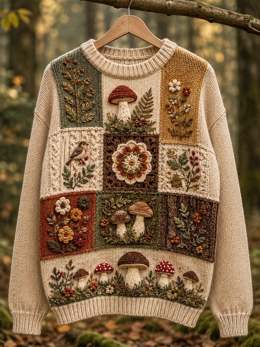 Damski sweter z okrągłym dekoltem w motywach grzybobraniowych