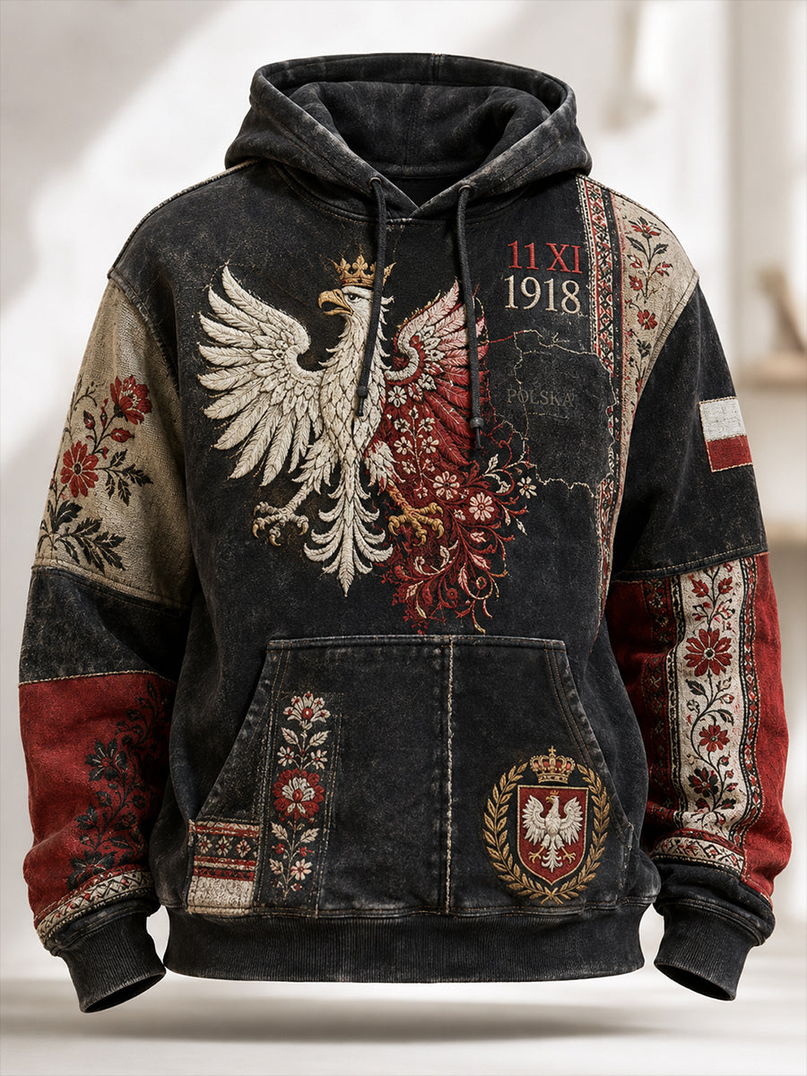 Męski oversize’owy bluza z kapturem i opadającymi ramionami na polski Dzień Niepodległości, z kieszeniami