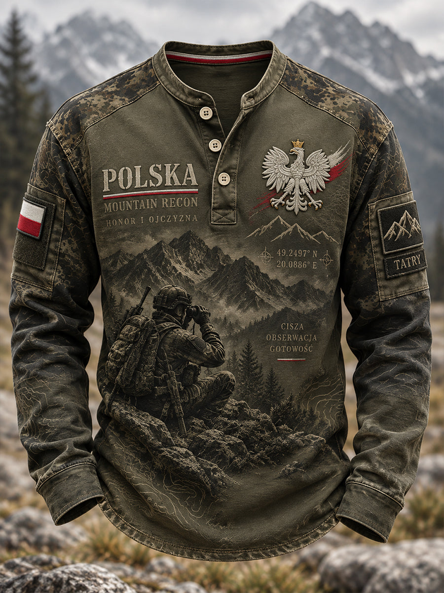 Męska koszulka z guzikami w stylu polskiej kultury wojskowej, na co dzień