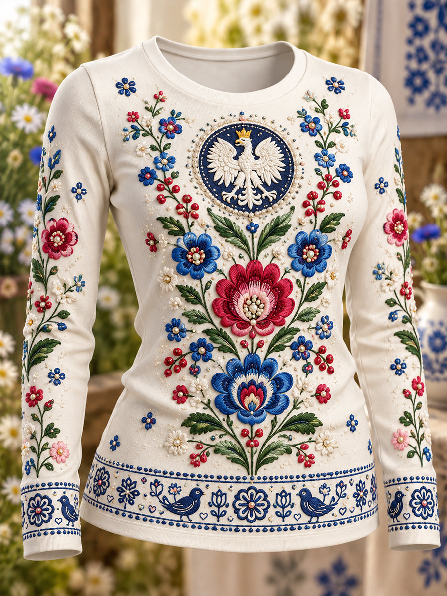Damski t-shirt z Polską, z okrągłym dekoltem i długim rękawem